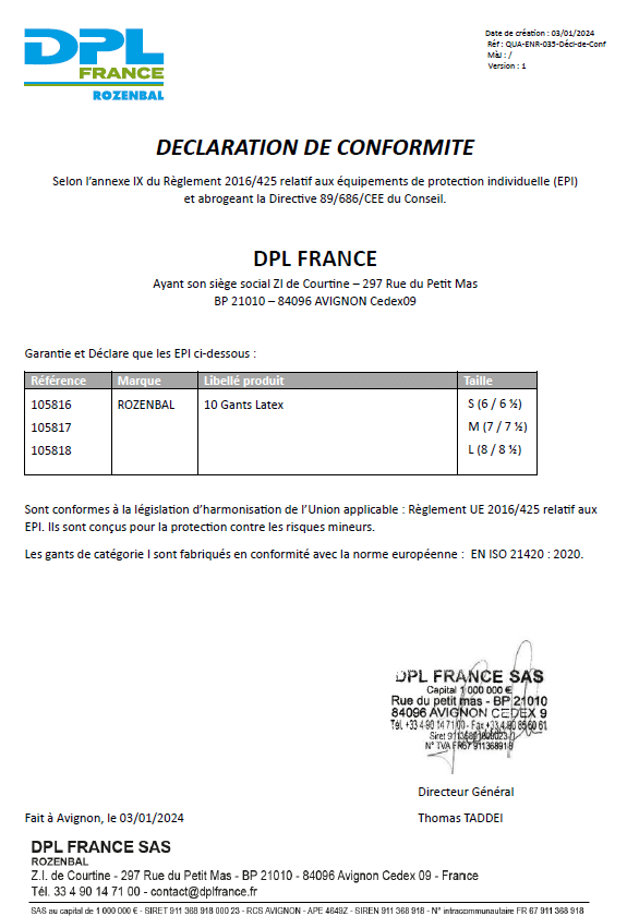 Déclaration de conformité 105816 - 105817 - 105818