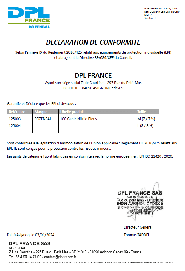 Déclaration de conformité 125003 - 125004