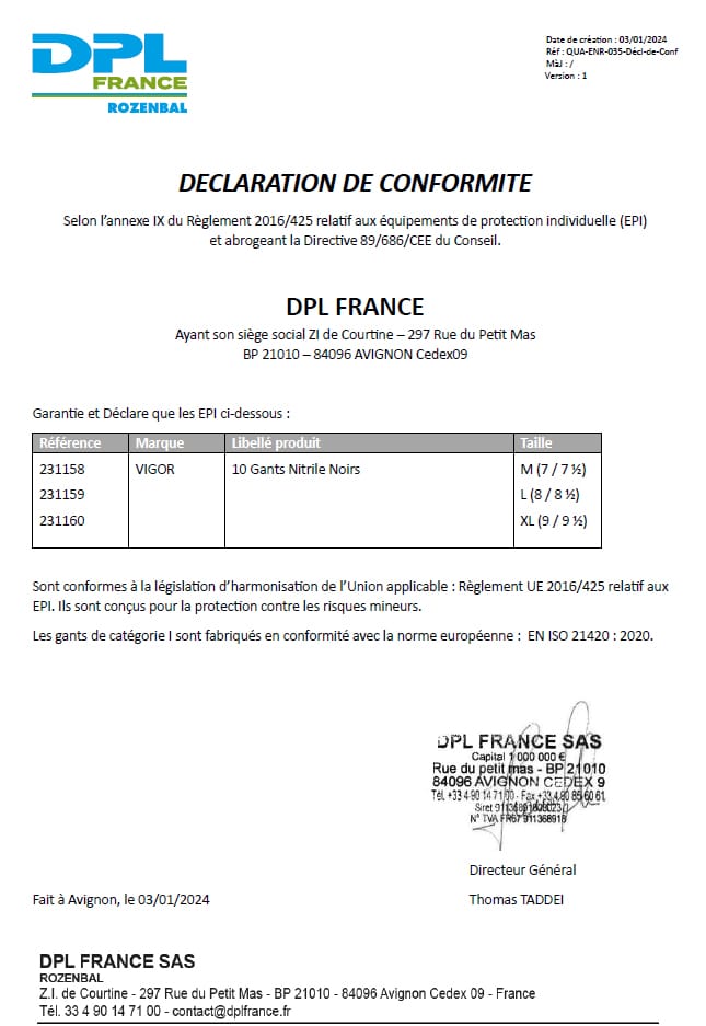 Déclaration de conformité Gants VIGOR